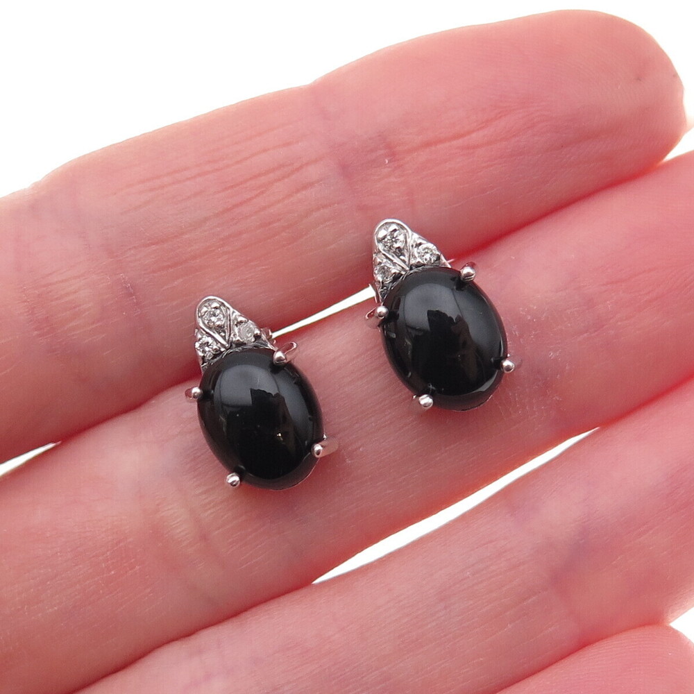 925 Sterling Silver Real Diamond & Black Onyx Stud Earrings